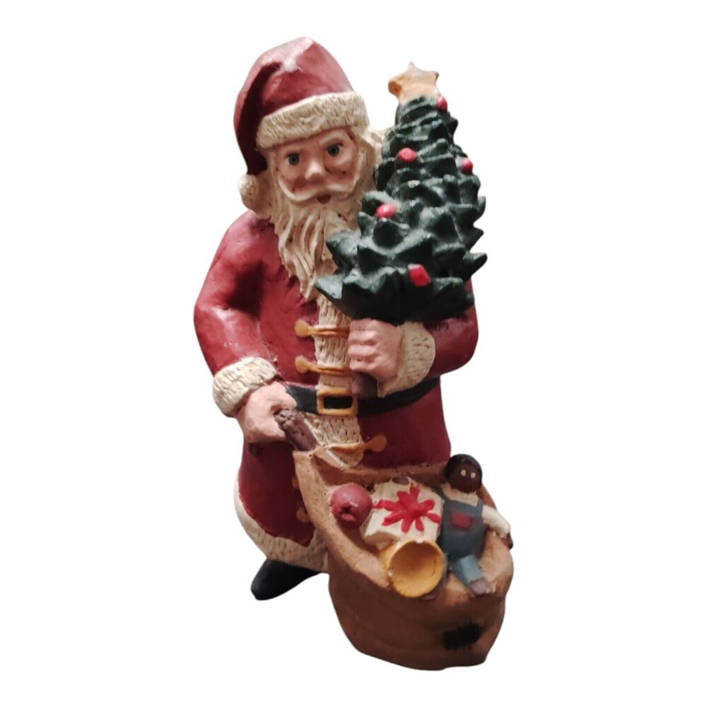 Vintage Christmas Old World Santa Resin Figurine Holding Tree Gift Bag